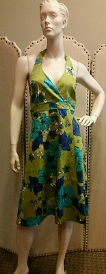 Ombre Olive Floral Print Cotton Blend Halter Style Sundress  Sz 12 Petite