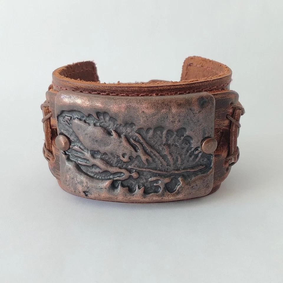 Signed  Genuine Leather Stamped Copper Leaf Tag Bracelet Handmade Statement - Image 2 of 4