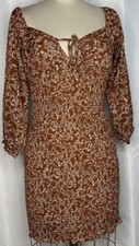 PAPERMOON WOMEN'S MINI BODYCON DRESS LONG SLEEVE FLOWER PRINT BROWN SIZE SMALL 