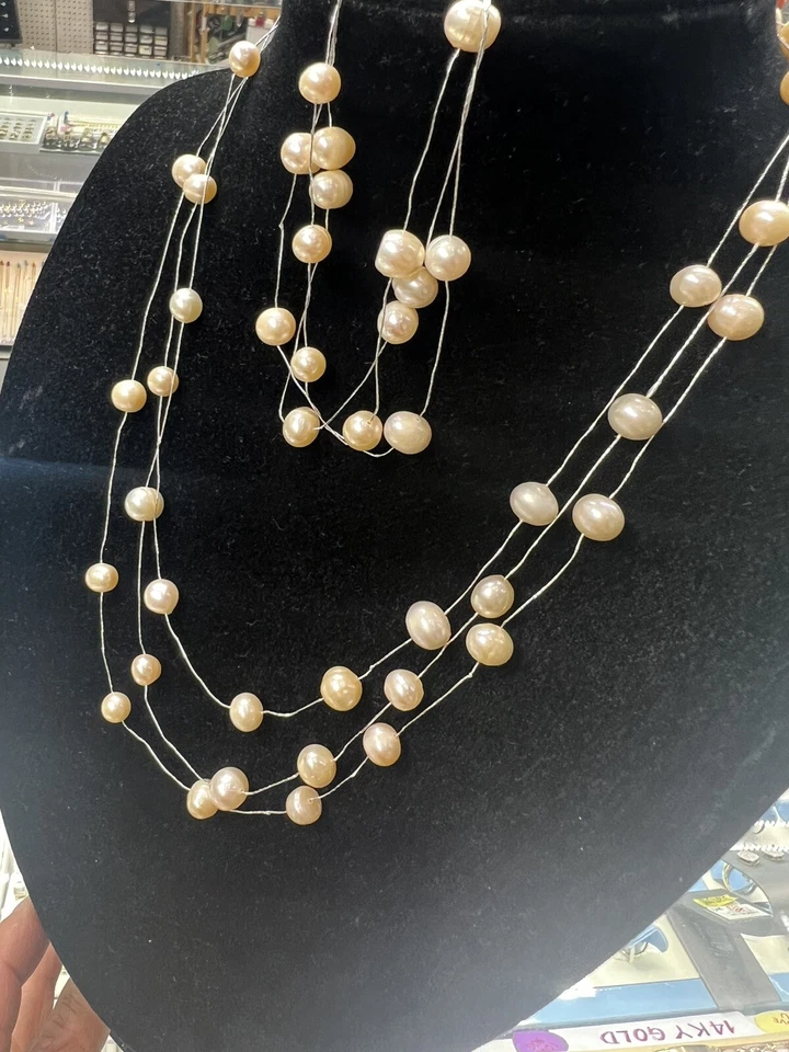 Conjunto de colar e pulseira de pérolas de água doce real com várias cordas duas peças ótimo - Imagem 2 de 4