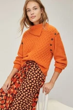 Anthropologie Nadia Buttoned Sweater M NWT orange $128 turtleneck fuzzy soft