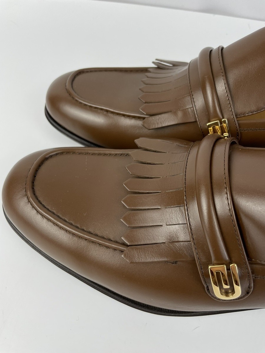 GUCCI 714680 Mirrored G Gold Kiltie Loafer Brown Leather Mens Size