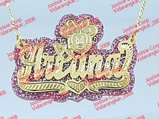 PERSONALIZED 14K GOLD PLATED GLITTER NAME PLATE CHAIN NECKLACE ANY NAME/COLOR