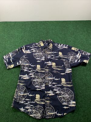 Puritan Mens Hawaiian Shirt Size M Navy Blue Marlin Sea Map Compass