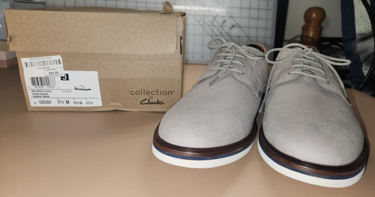 Scarpe Oxford Clarks Malwood Plain Stone Nubuck Pierre taglia 9 5M 9 5 M uomo nuove con scatola