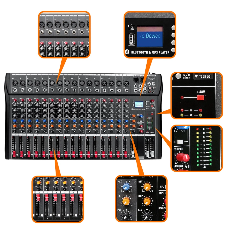 Professional 6/8/12/16 Channel Mixing Console DJ Sound USB Bluetooth 48V Power - Image 2 of 4