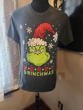 Dr Seuss The Grinch Merry Grinchmas Gray Short Sleeve T-Shirt Size Medium