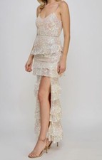 Say Yes Juniors' Women's Ivory Iridescence Sequins Tiered V Neck Dress Size 1