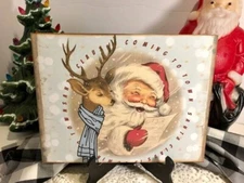 Retro Christmas Santa Claus Is Coming To Town Handcrafted Plaque / Sign