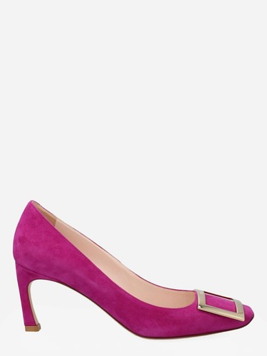 ROGER VIVIER Trompette Fuchsia Pink Suede Leather Gold Buckle Curve Heel Pump 39