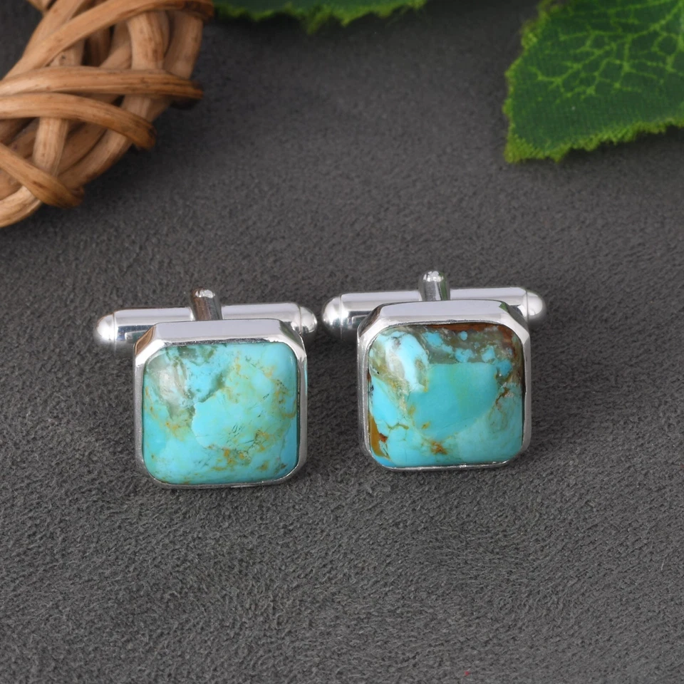 Gemelos cuadrados de plata esterlina maciza Kingman turquesa regalo para él joyas Foto 2 de 4