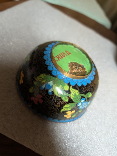 Vintage chinesische handbemalte Cloisonné Blumen Emaille Schale schwarz und grün wie abgebildet - Bild 6 von 11