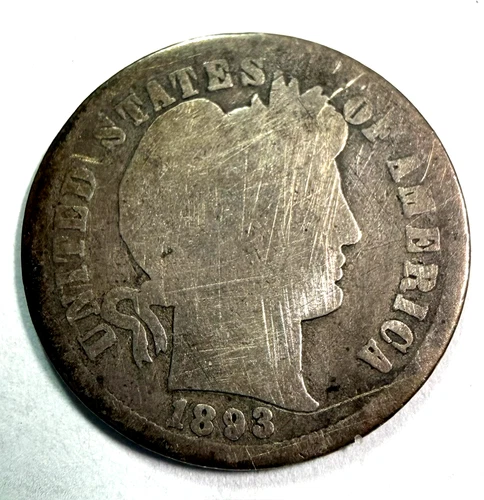 1893-S BARBER LIBERTY HEAD DIME / 90% SILVER US COIN - CIRCULATED -  FAINT 'S'
