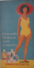 Alberna Sonnenschutzmittel Pappschild 60er Jahre Reklame Schild 32x65cm Vintage