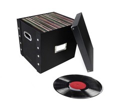 Vinyl Record Storage Box - 12 - 1 Pack- Crate Holds up to 75 Vinyl Albums - Blac