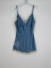 Y2K Old Navy Vintage Med Blue Silk Lace Trim Cami Floral Embroidery