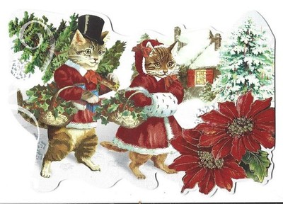 VINTAGE LIKE PUNCH STUDIO CHRISTMAS CARD 5X3.5 KITTENS RED COATS HATS BASKETS