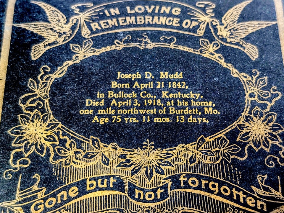 1918 Masonic Victorian Mourning Memorial Funeral Card Joseph Mudd