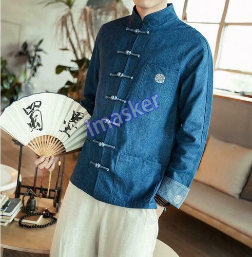 Retro Herren chinesischer Stil Jacke Knopf Stehkragen lässig Baumwolle Leinen Mantel - Bild 16 von 16
