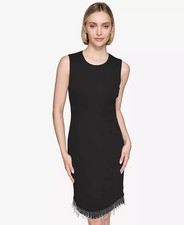 KARL LAGERFELD PARIS Women's Fringe-Trim Sheath Dress Party Cocktail Black 12
