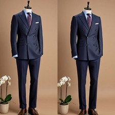 Double Breasted Men's Suits 2Pcs Navy Blue Jacket Business Formal Workwear Coat