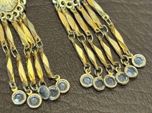 Vtg 1928 Gold Tone Aqua Blue Rhinestone Crystal Station Dangle Earrings - Picture 6 of 8