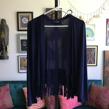 ATTITUDES by Renee size M Navy Blue Stretch Jersey Open Fringe Accent Jacket