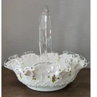 Vtg Fenton Milk Glass Ruffled 7" Basket HandPainted Violets in Snow Silver Crest