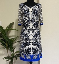 Eliza J Sheath Dress Sz 8 Blue Black White Floral Stretch Midi Summer NWT $118