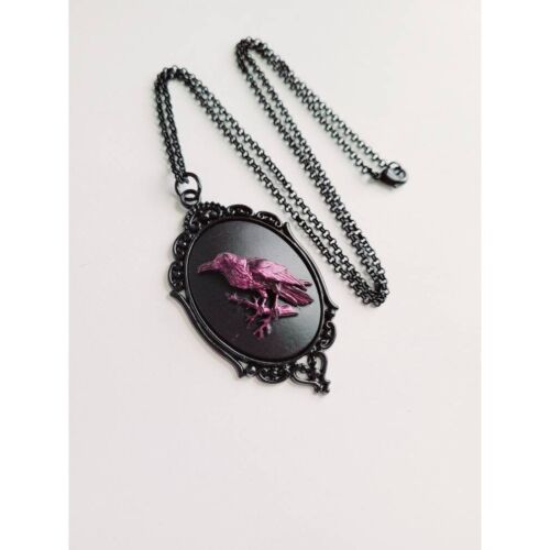 Purple Iridescent Raven Crow Gothic Rockabilly Cameo Black Necklace Pendant NEW - Picture 4 of 6