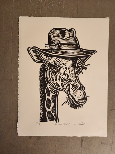 Linocut Hand Pulled Print Giraffe Titled "I'm Not Jeff." unframed - Picture 2 of 7