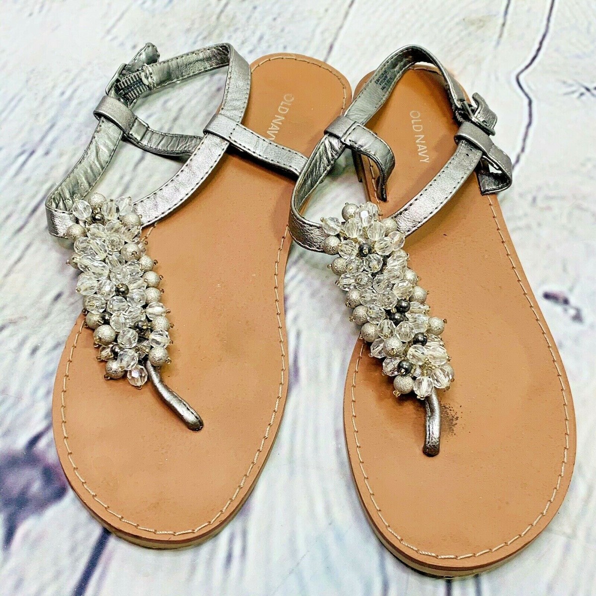 Old Navy Beaded Sandals size Womens Silver Pewter Ankle Strap Stones