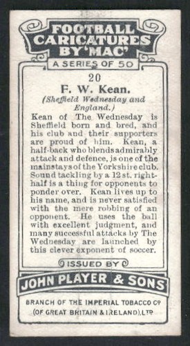 1927 Player's Football Caricatures By Mac #20 Fred Kean - Picture 2 of 2