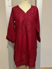 Ladies red Embroidered kurta Pakistani Indian Kurti Shirt frock style cotton