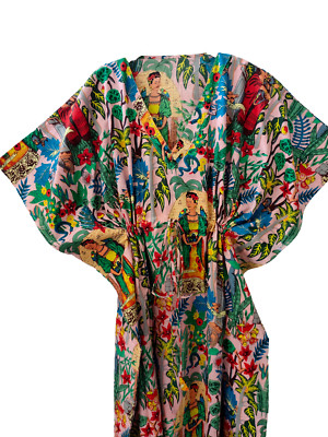 Indian Peach Frida Kahlo Print Cotton Hippie Maxi Women Nightwear Caftan Dress