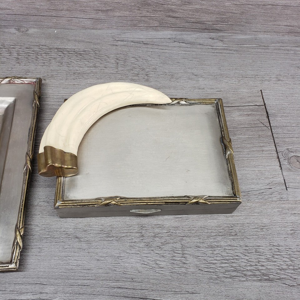 Pewter Jewelry Box &Tray Faux Tusk Horn MCM Hollywood Regency Dresser