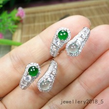 1Pcs Certified Icy white Green Burma 100 Natural A jadeite Jade Ring 925silver   