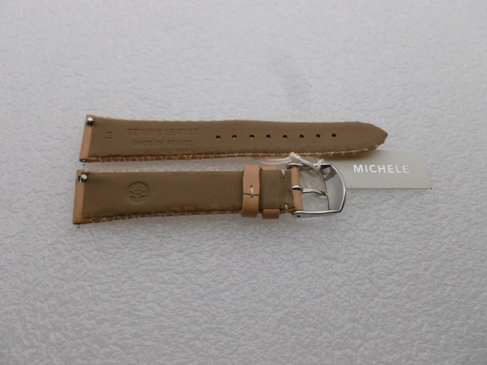 Correa de reloj de cuero genuino Michele de 18 mm de arena con pinchazos NUEVO Foto 3 de 4