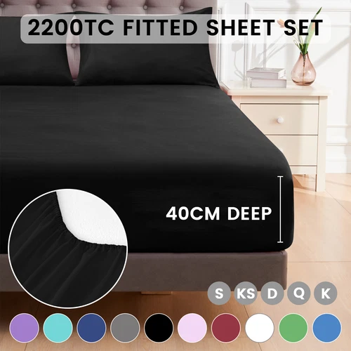 Hotel 2200TC Deep Fitted sheet & Pillow cases Set Single/KS/Double/Queen/King