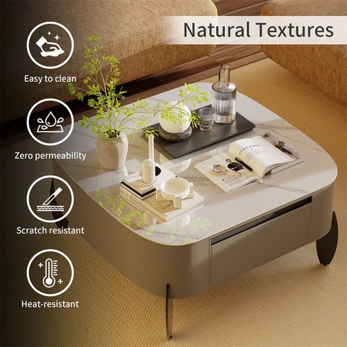Large Storage Coffee Table with Drawer Living Room Saddle Leather Side Tea Table - Picture 9 of 14