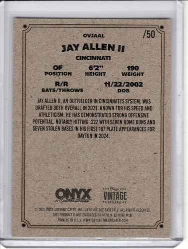 2025 ONYX VINTAGE JAY ALLEN ROOKIE/RC #/50 *ORANGE* - Picture 2 of 2