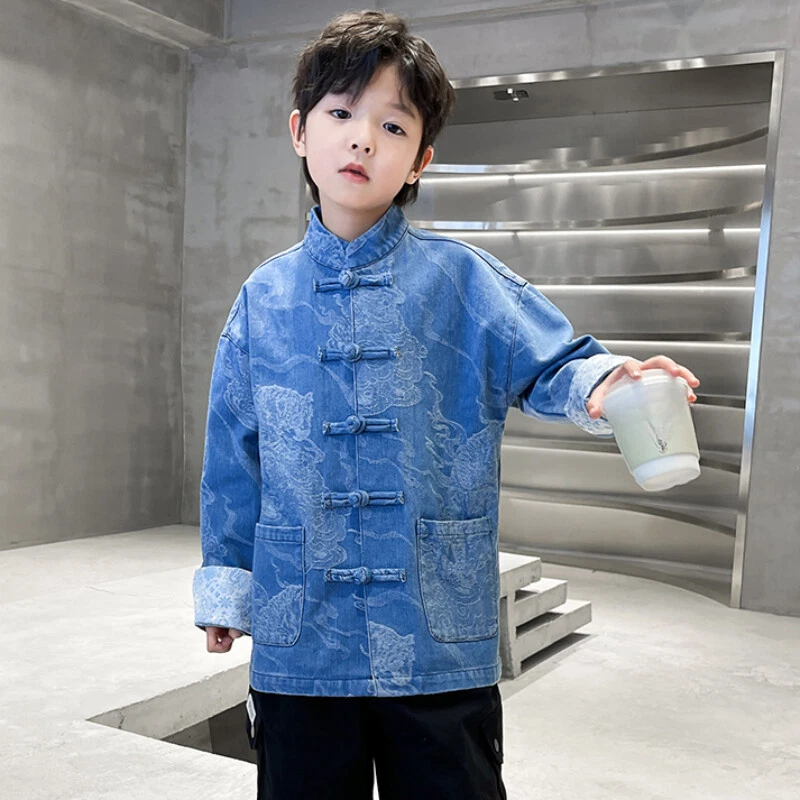 Kids Boys Denim Top Shirt Coat Ethnic Jacket Retro Frog Button Dragon Tang Suit  - Image 4 of 4