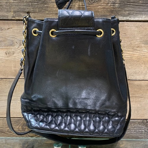 Hanae Mori, Black Quilted Lambskin Leather, Drawstring Bucket Bag - Picture 4 of 7
