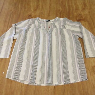 SPLENDID Linen Blend Blouse Size M Yoked Grey Purple White Strip Shirt Top NWT
