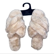 INC Mocha Frappe Cream Faux-Fur Crossband Slippers Women's Small 5-6 New