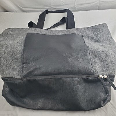 DSW Large Tote Bag Felt Travel Weekender Canvas Bottom Gray Black Zip Up Handles