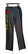 VTG Black Straight Leg Pants w/Embroidered  Beaded Flowers Size 5 Side Zip