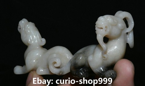 Statue unique bête gardienne soldes double dragon PiXiu 100% véritable en jade naturel Hetian