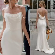 Satin Sheath Wedding Dresses Sleeveless Beading Spaghetti Straps Tassel Gowns