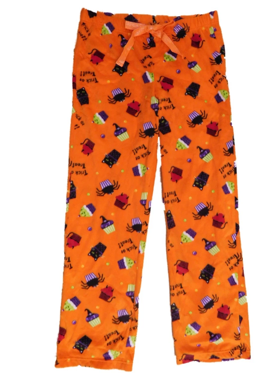 Womens Orange Fleece Halloween Sleep Pants Kitty Cupcake Pajama Bottoms